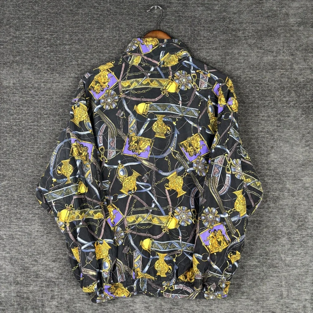 Vintage Pan Asia Silk Windbreaker Jacket Medium Baroque Gold Chain Print Black